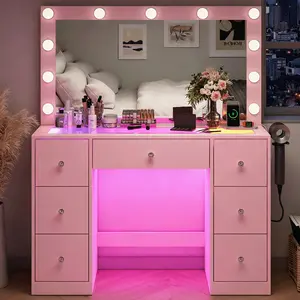 Dressing Table with Power Outlet and 11 Lights Vanity Mirror Furniture 7 Drawers White Bedroom Organizer Makeup Station Storage Solution Dressing Room Decor Modern Design summervibes