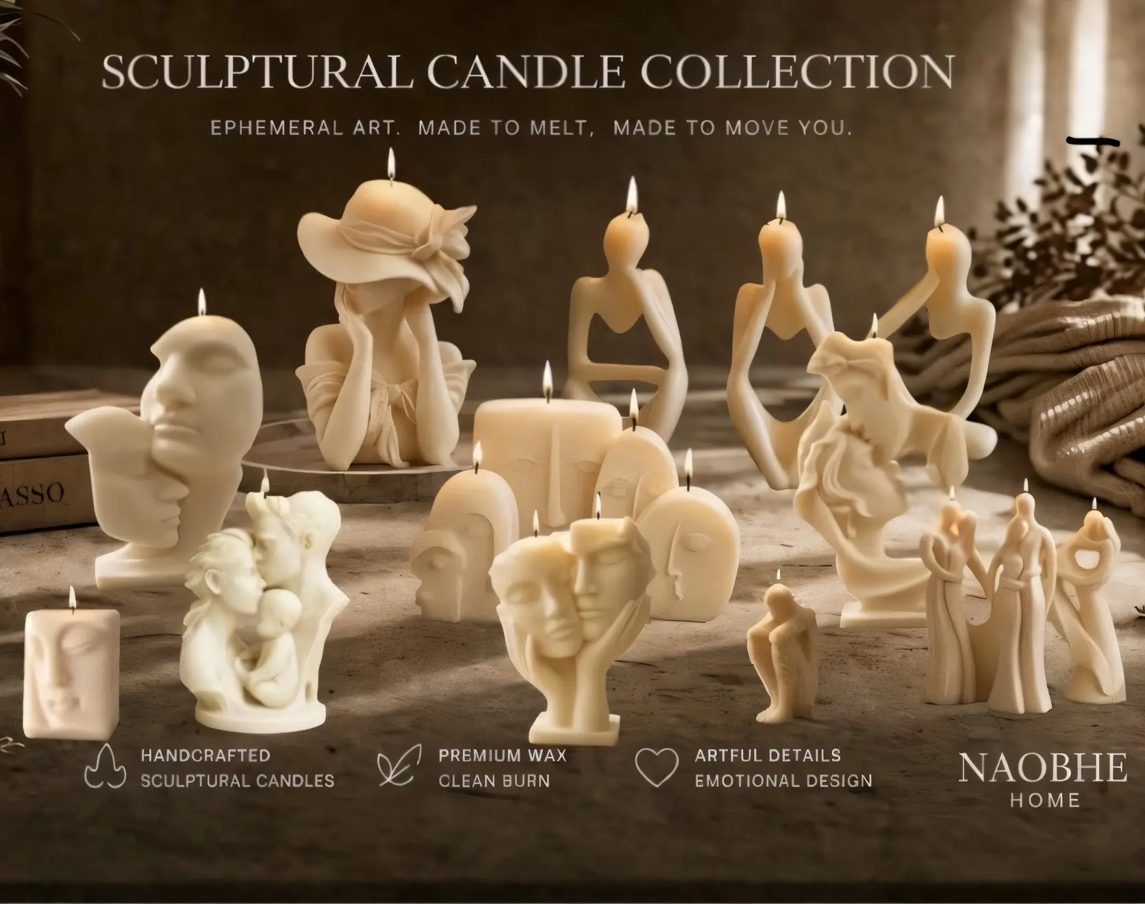 Sculptural Face Figure Candles Collection, Cream Smooth Artistic Decorative Candles, Minimalist Home Decor Slow-Burn Wax Pieces
