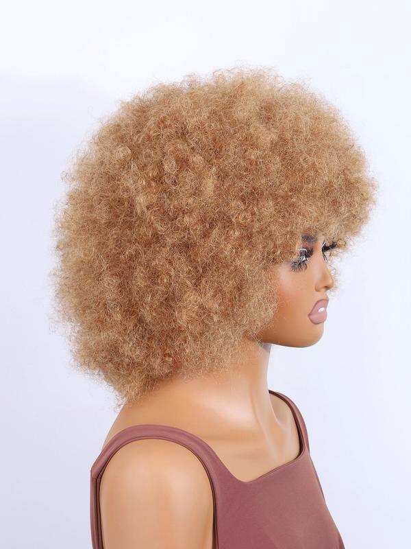 Blonde Afro Kinky Curly Wig, 180% Density Human Hair Machine Made Wigs with Bangs, Short Fluffy Wigs for Black Women, Cosplay & Daily Wear