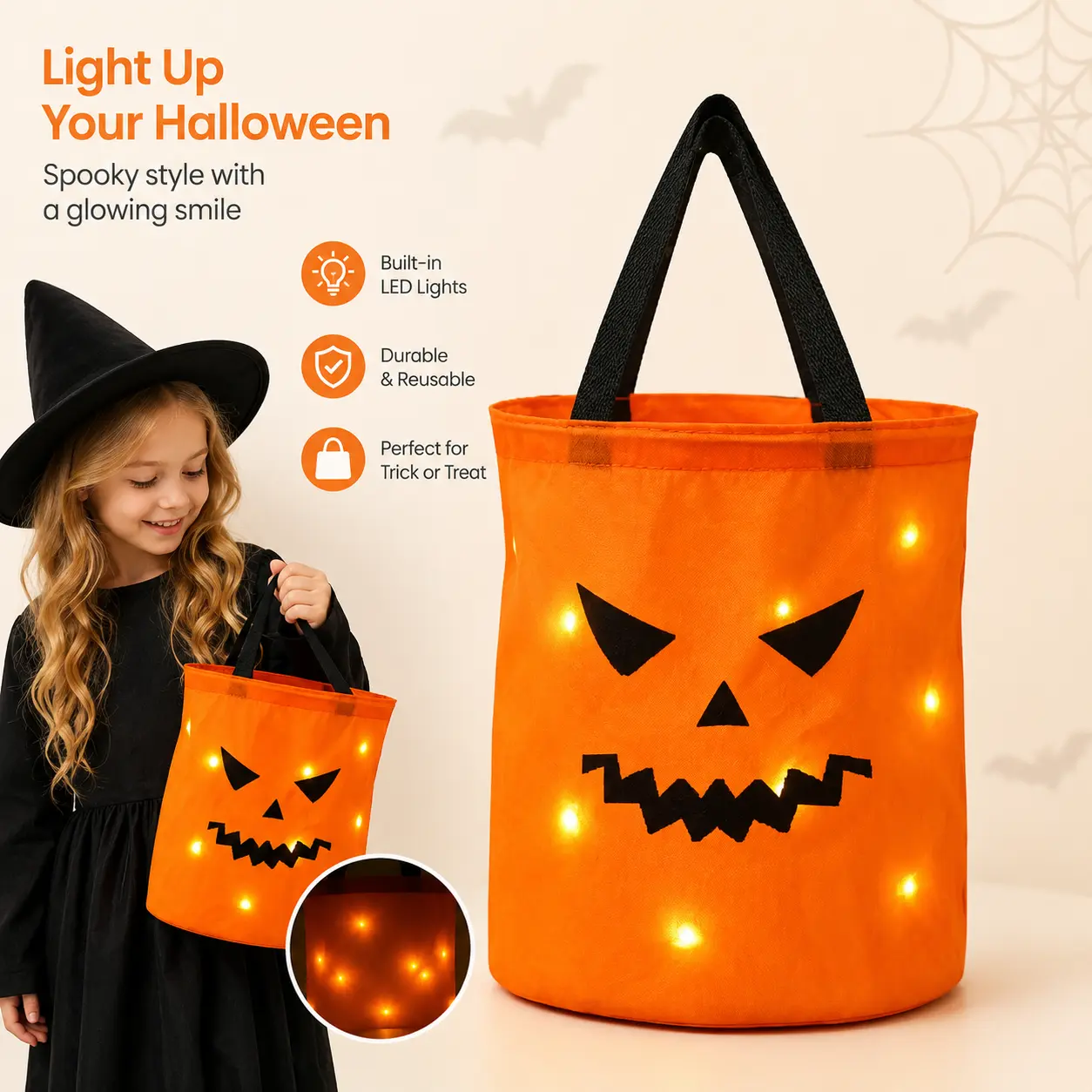 1 Count, Orange Halloween Trick or Treat Bucket with Printed Spooky Face and Carry Strap, for Halloween Candy Collection and Themed Party Use
