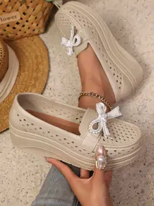 Women's Hollow Out Thick Sole Flatform Loafers, Rhinestone Bow Slip-On Wedge Shoes, Breathable Casual Walking Shoes for Daily & Beach Use, Decor