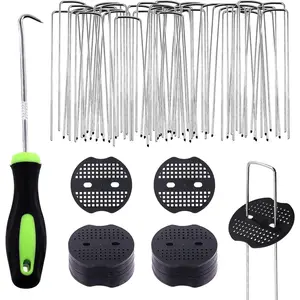 101 count U-Shaped Landscape Garden Stakes Staples and Plastic Fixing Gasket with Pick Hook Assortment Kit, Garden Lawn Landscape Staples for Irrigation Hoses, Fixed Fences, Artificial Turf Nails