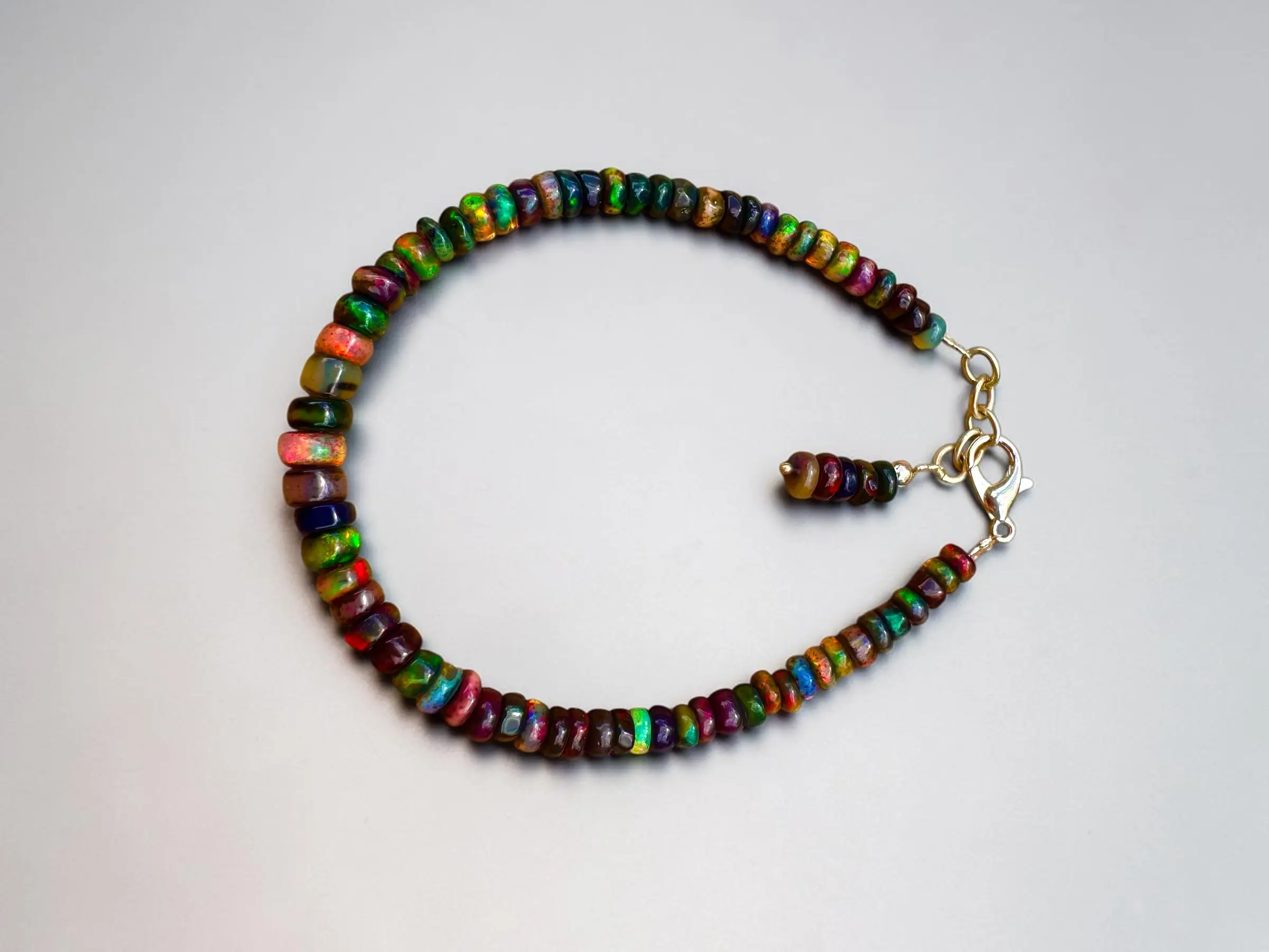 Natural Ethiopian Smoked Black Fire Opal Beaded 7" Bracelet - 925 Solid Sterling Silver