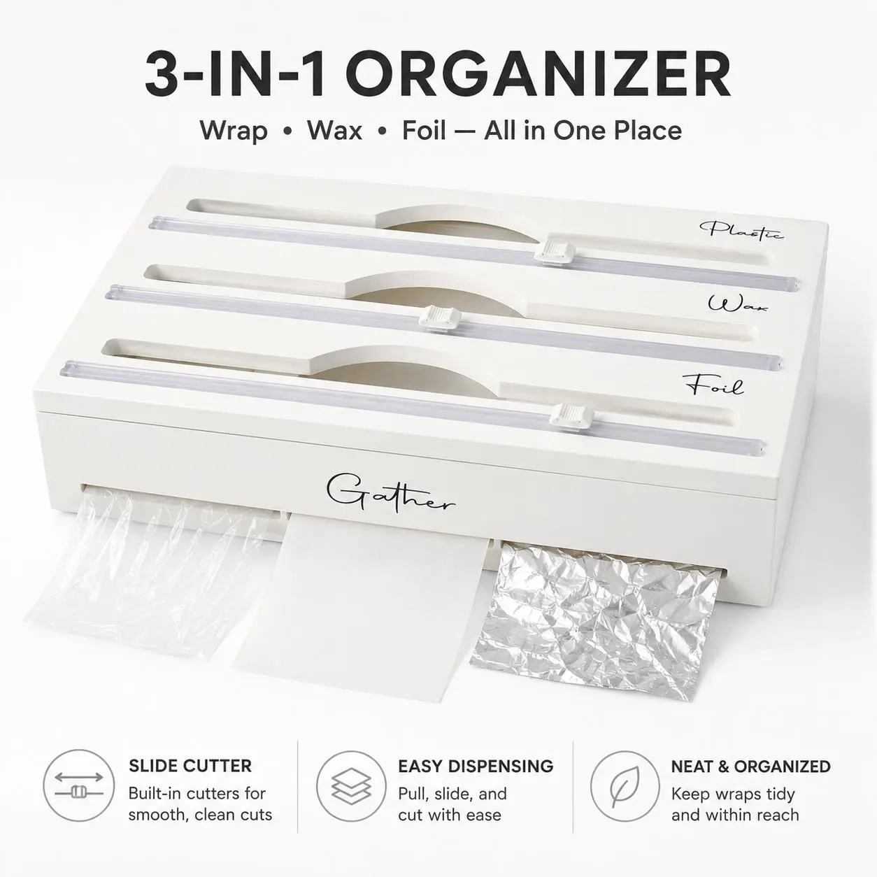 3-in-1 Kitchen Wrap Dispenser with Sliding Cutters, Countertop Organizer for Plastic Wrap, Wax Paper and Aluminum Foil