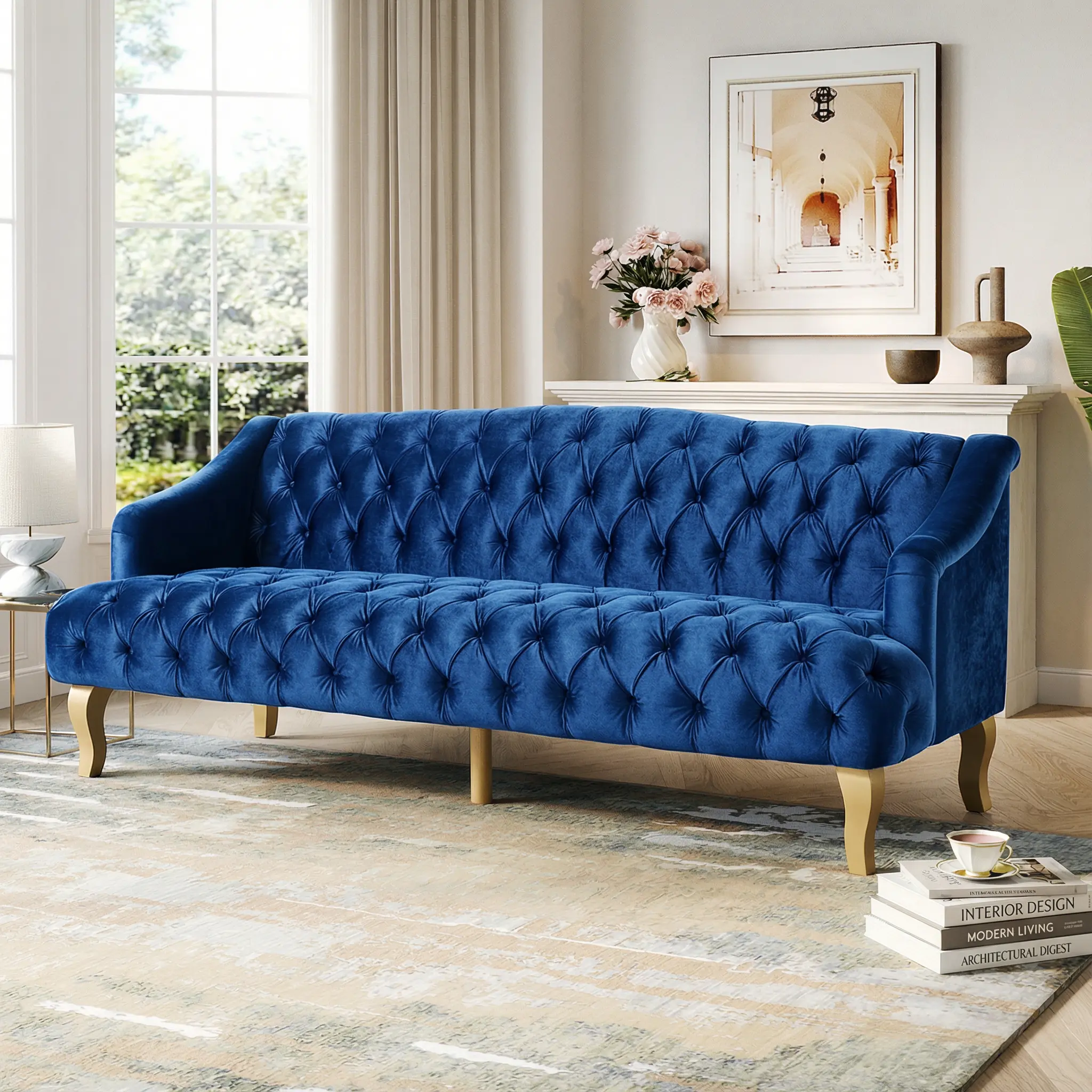 Velvet 3-Seat Sofa with Button-Tufted Diamond Stitch and Curved Wooden Legs, Mid-Century Modern, Dark Blue, for Living Room or Study, Easy Assembly