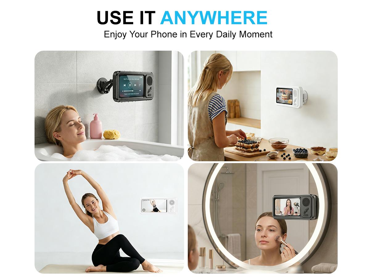 Waterproof box speaker, bathroom waterproof360 rotating touch screen, Bluetooth speaker,watch movies, listen to music, phone holderBluetooth speaker audio shower TV holder,swimming pool, kitchen, bathroom, sink