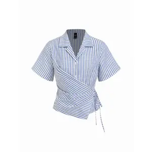 Cider Cotton-blend Stripe Wrap Short Sleeve Blouse