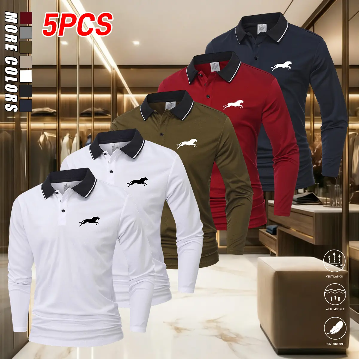 Durable polyester 5-pack men’s long-sleeve shirts for business casual wear, made from smooth, practical polyester fabric, suitable for extended everyday office use.Classic color-blocked turn-down collar and leopard print, practical for driving, business m