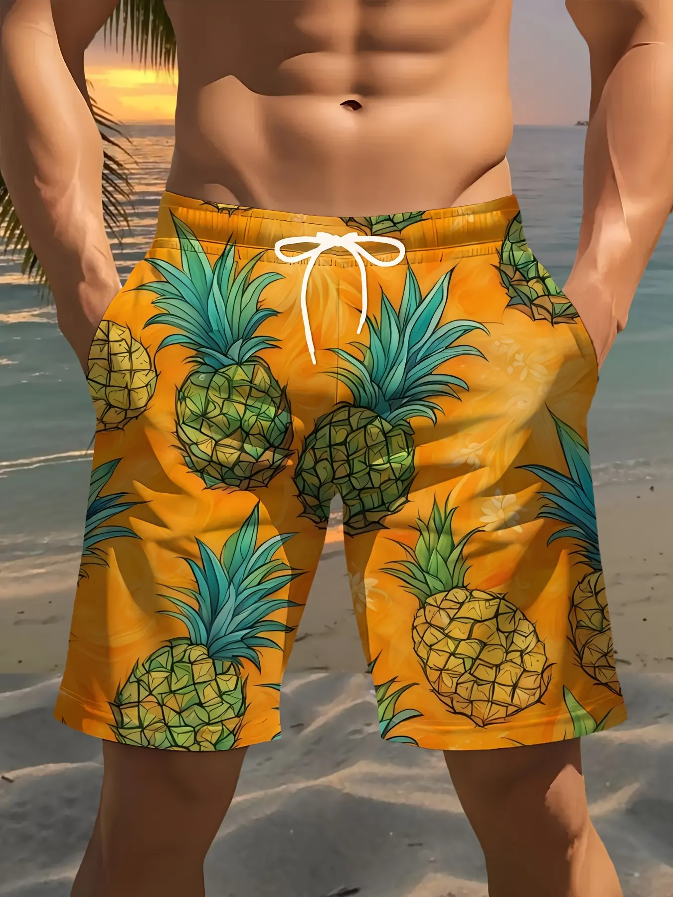 Men's 3D Pineapple Print Beach Shorts - Lightweight Polyester Drawstring Waist Casual Summer Shorts for Swimming, Gym, Golf, Fishing & Outdoor Activities, Swimming Trunks, Playful Pattern, Breathable Material, Versatile Wear, Active Lifestyle, Trendy Beac