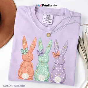 Comfort Colors Easter Bunnies Hand-Painted T-shirt , Easter Pastel Shirt, Girls Easter Spring Patterns Coquette - Printfamily