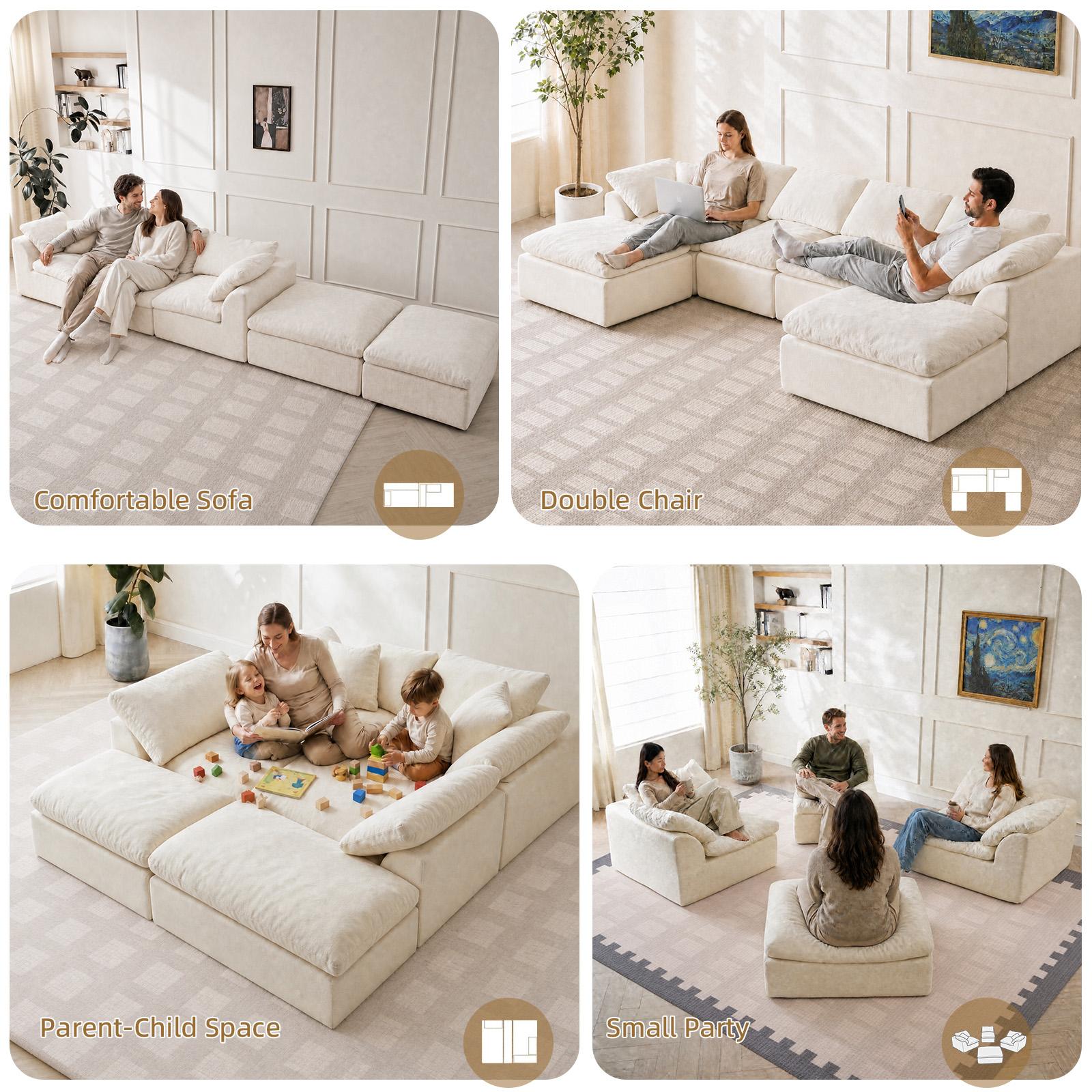 Cream White Cloud Modular Tofu Block Sectional Sofa, Free Reconfigurable Floor Couch for Playing Relaxing Movie Night Sleeping, Oversized U-Shaped Convertible Sleeper Sofa for Living Room Apartment