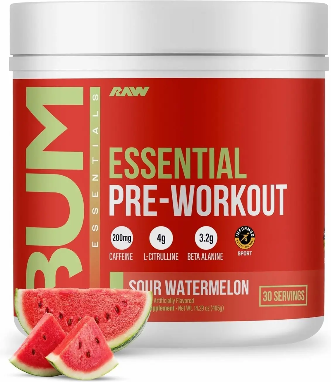 RAW Essential Pre-Workout Powder (Sour Watermelon) - Chris Bumstead Sports Nutrition Supplement for Men & Women - Preworkout Energy Powder with Caffeine, L-Citrulline, L-Tyrosine, & Beta Alanine Blend
