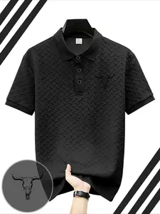 Western denim cow head bone print men's polo shirt Casual retro workwear style lapel short sleeved American tough guy style motorcycle/camping/Western style outfit Father's Day gift