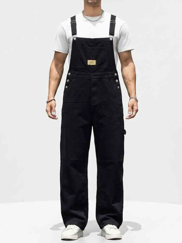 Men's Black Denim Oversize Extra Baggy Bib Overalls - Loose Wide Leg, Simple Classic Plain Jumpsuit with Adjustable Straps, Casual Streetwear Workwear Menswear, Extra Baggy Overalls Outfits Trouser Stylish