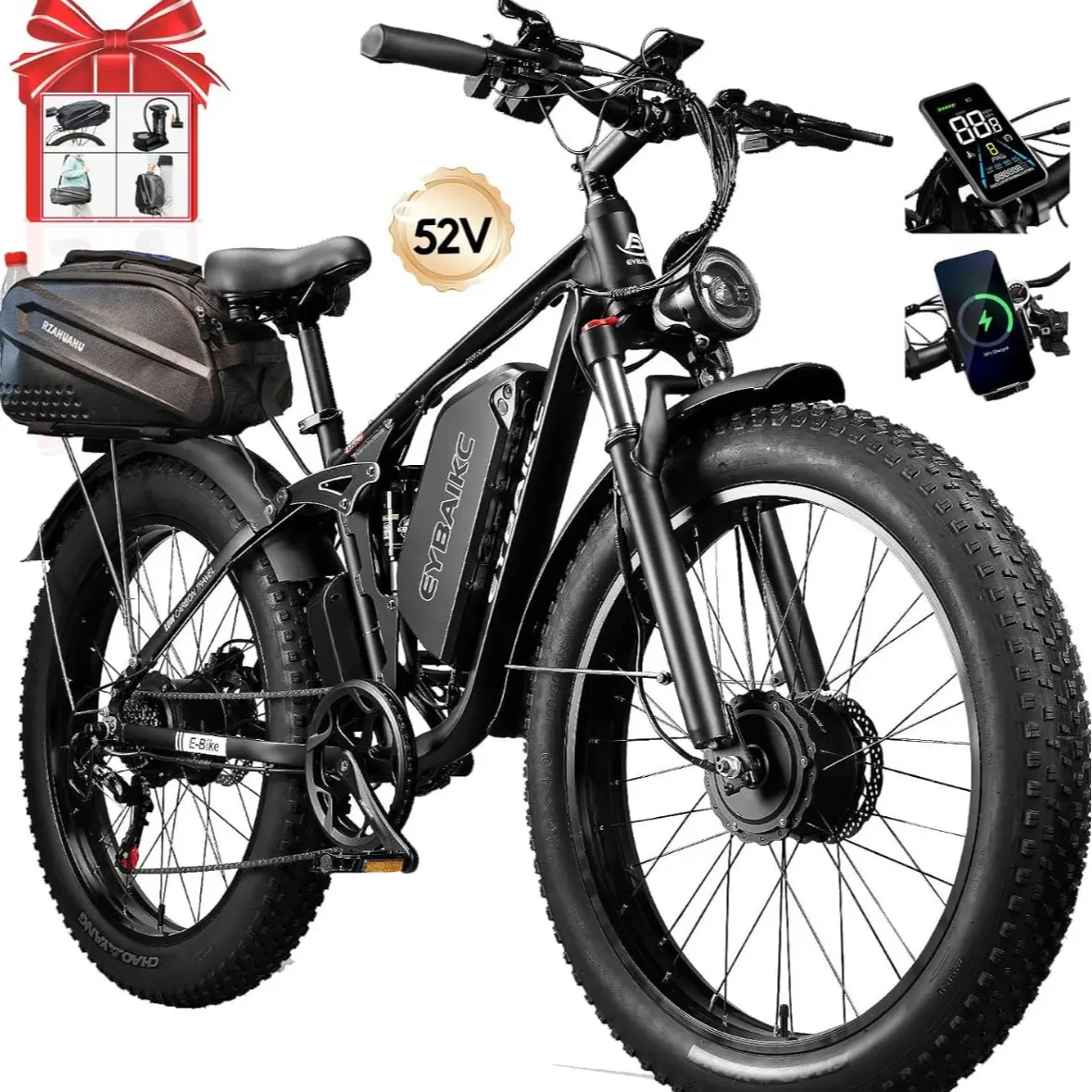 Electric Bike for Adults, Peak 3000W Brushless Dual Motor Ebike,52V23AH Electric Bicycle 26"X4"Fat Tire,Max Speed 37Mph E-Bike,