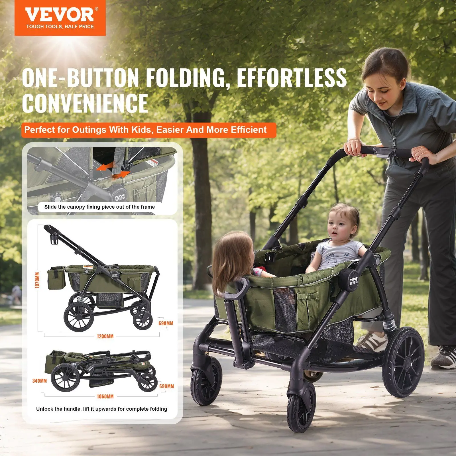VEVOR Stable 2-Seat Foldable 2-in-1 All-Terrain Stroller Wagon, Lightweight Carbon Steel Expedition Wagon, Skin-Friendly Canopy, Parent Organizer, Snack Tray, Cup Holders, 55lbs Single-Seat Capacity, Olive Green, 2 Seats