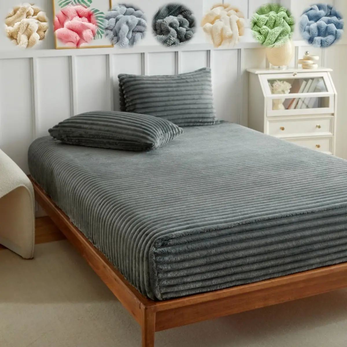 Luxury Faux Rabbit Fur Striped Bed Sheets Fitted Sheet 3-Piece Set, Bedsheet Sets, plush soft warm solid color bedding, sheet set (1 mattress cover + 1/2 pillowcases), for all seasons, ideal for bedrooms/dorms/sofa, fluffy gift