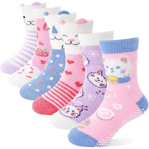 KF5-SK036     Kids Girls Toddlers Fuzzy Grips Socks with Grippers Non Slip Fluffy Warm Cozy Cabin Plush Crew Socks 6 Pairs