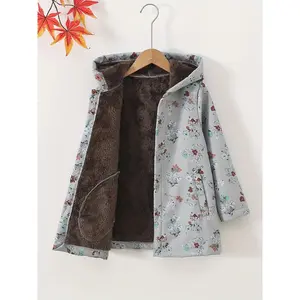 NewCozy Fleece-Lined Jacket|       Floral Print + Hood|       Brown/Gray, Pockets – Fall/Winter Casual Sweet Hooded Girls' Autumn Jacket Cropped Applique Bomber