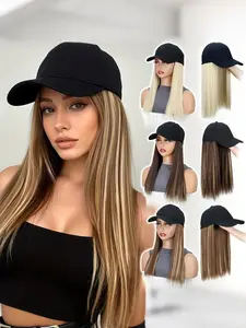 Long Straight Synthetic Hair Wig with Bangs, Natural Look Baseball Cap Hair Extension, Easy to Style and Maintain, Multi-Style Design, Synthetic Material Wigs