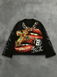 Burning State Loose Sweatshirt, Lip & Gem Cross Print, Gothic Sleeve Decor, Y2K Dark Glam Style, Casual Wear, Party, City