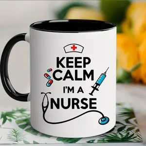 11oz Keep Calm I'm a Nurse Ceramic Coffee Mug, Stethoscope & Syringe Design, Reusable Dishwasher Safe, Travel Mug for Nurses