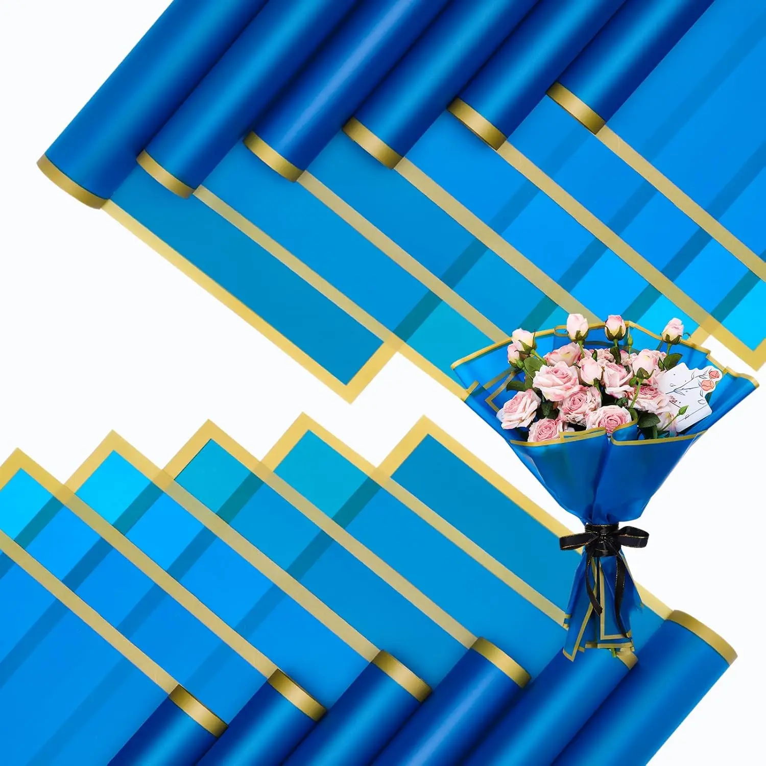 25 Sheets Blue Floral Gift Wrapping Paper, Waterproof Bouquet Wrap, Florist Office Stationery Supplies for Wedding, Graduation DIY Crafts