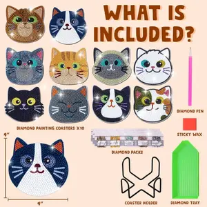 10pcs Diamond Art Coasters Painting Kits, Diamond Painting Coasters Set - Cat Theme Arts and Crafts DIY Kits for Adults, Valentine's Day Gift