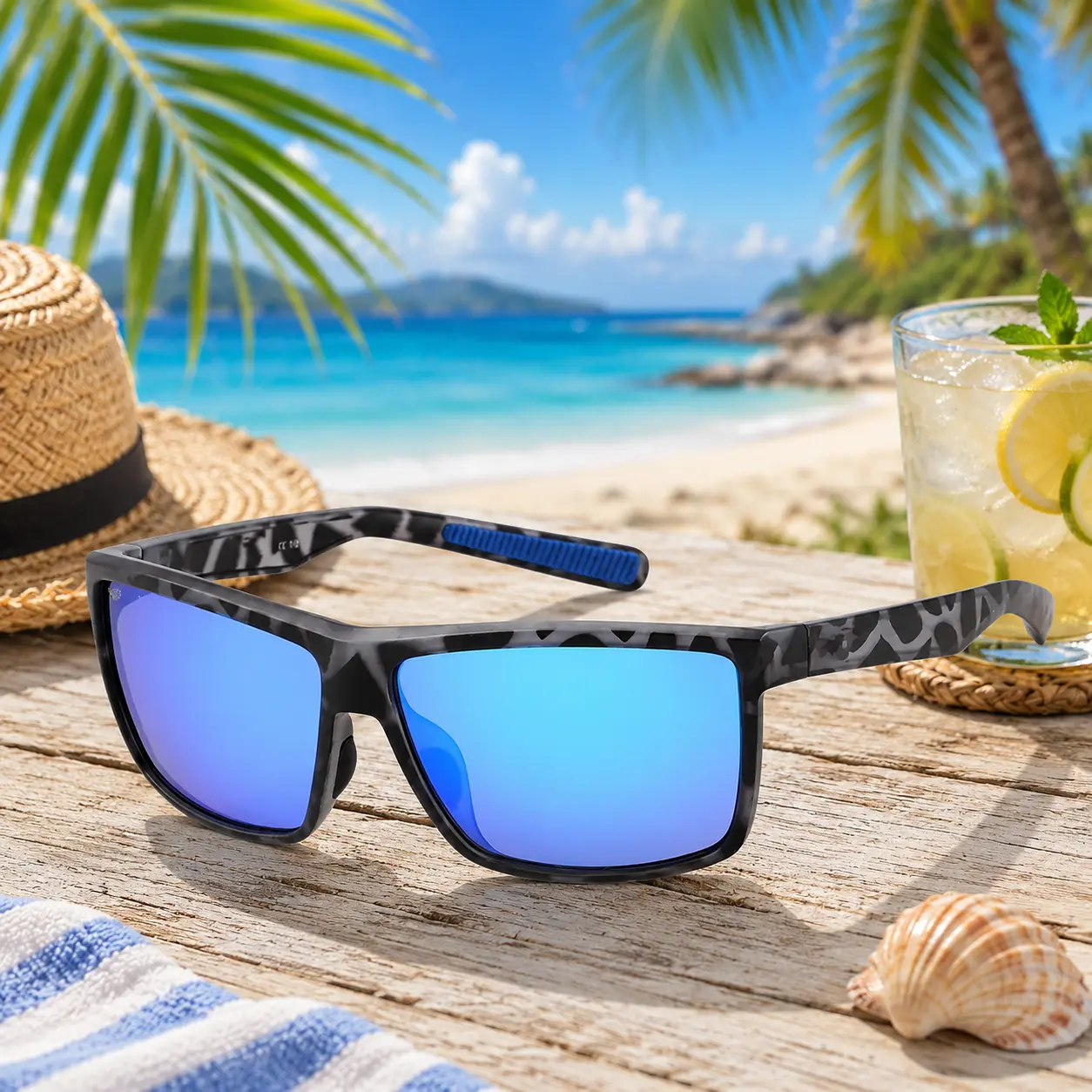 Rinconcito Polarized Sunglasses Black Leopard Blue, UV400 Rectangular Eyewear for Men & Women, Lightweight Glasses for Fishing, Driving, Cycling, Boating & Outdoor Sports