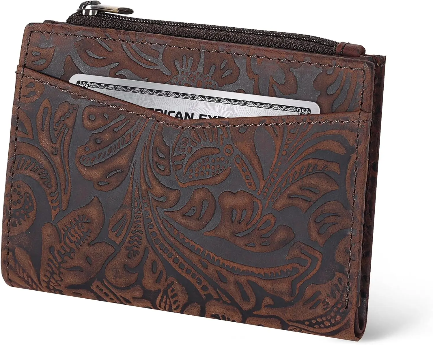 Women's Durable Bifold Wallet - Crazy Horse Leather RFID Purse with Embossed Flower, ID Window Card Holder & Coin Pocket