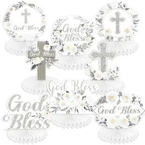 8pcs Floral God Bless Decorations, Religious Ornaments, First Communion Honeycomb Centerpiece, Double Sided Table Toppers, Baptism Party Decor, Christening Celebration