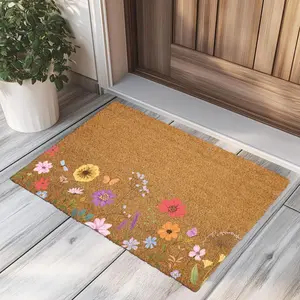 Floral Welcome Doormat, Flower Entryway Mat, Wedding Home Gift, Natural Coir Mat, Flower Outdoor Decor, Front Door Doormat