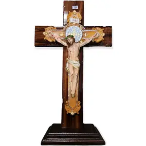 Cristo Cruz Moneda San Benito 20" Inches Tall (251332-20) Con Base Para Altar Brand New Jesus Wood and Polyresin Religious wall Decor Cruz Crucifix Cristo Crucifijo Decoration Ornaments