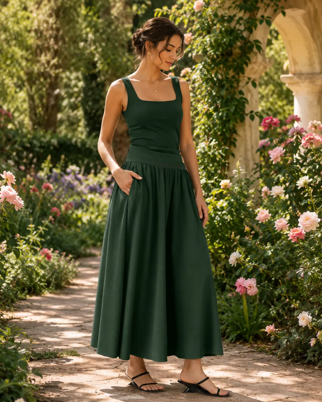 Women's Stretch Cotton Maxi Umbrella Skirt with Pockets - Bush Green
