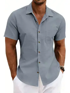 Men's Cuban Collar Short Sleeve Button-Up Shirt, Casual Summer Beach Top with Chest Pocket, Loose-Fitting, Multiple Colors Available