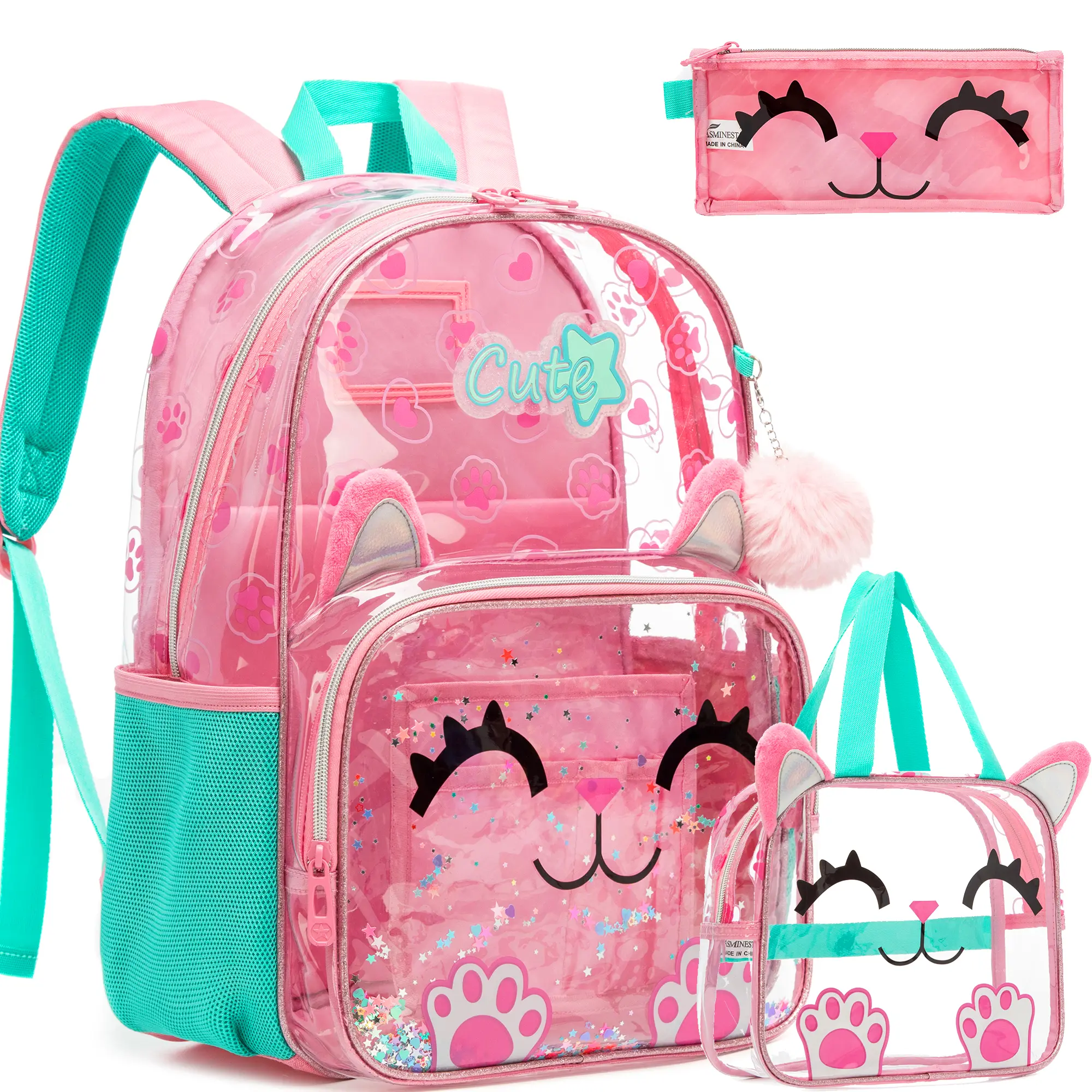 Kids' Clear Glitter Pink Cat Backpack Set - Transparent Paw Print School Bag with Matching Clear Lunch Bag, Pencil Case, Ergonomic Padded Straps for Elementary School Girls cute