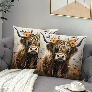 2pcs Floral Patterned Square Throw Pillow Covers, Vintage Style Décor for Living Room & Bedroom, All-Season Cow Design Cushion Cases, Creative Decorative Cushion Cover, Bedroom Decorative Accessories