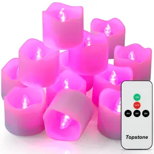 Topstone Remote Control Flameless Candles with Timer ,CR2450 Battery Powered Led Votive Candles,Electric Candles, Tea Lights Candles for Seasonal and Festival Decoration,white base Pink Light ,12 pcs