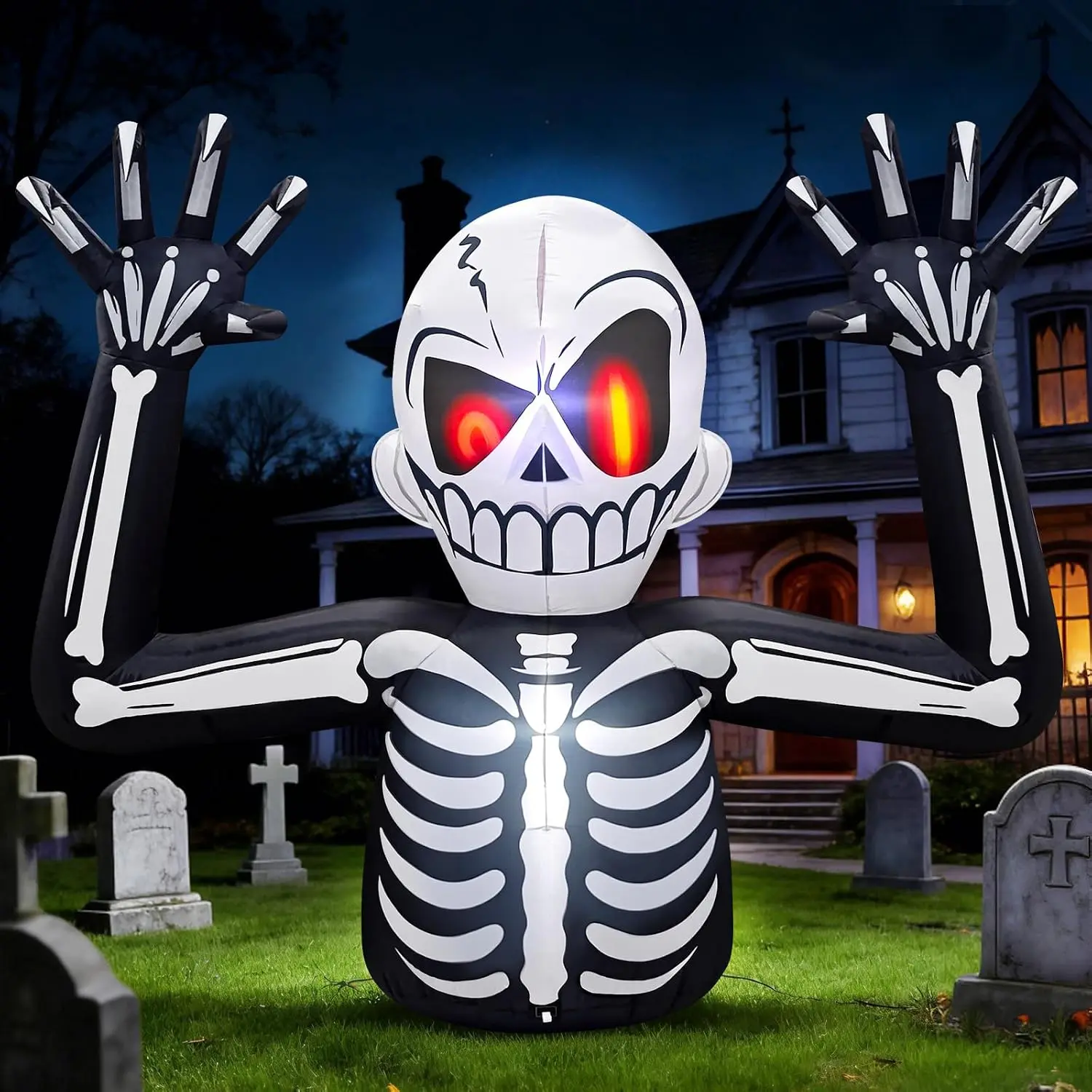 6FT Skeleton Halloween Inflatables Outdoor Decorations with Red Eyes | Built-in LED Lights, Waterproof Fabric, Ropes & Stakes for Wind Stability, Outside, Garden, Lawn, Indoor Holiday Party Decorspooky season decor, spooky yard decor, halloween yard decor