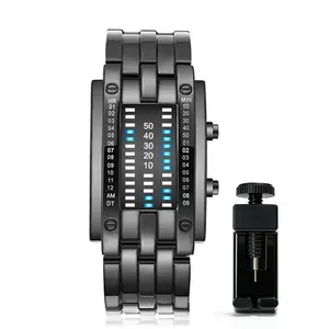 Men's Cool Binary Watch Stainless Steel LED Bracelet Style Fashion Blue Light Sports Watch Vacuum Plated