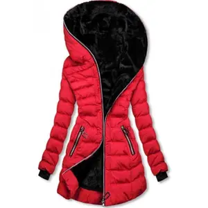 Women's hooded long sleeved warm wool lined cotton jacket, winter mid length zipper jacket, zipper fluffy hooded jacketGift