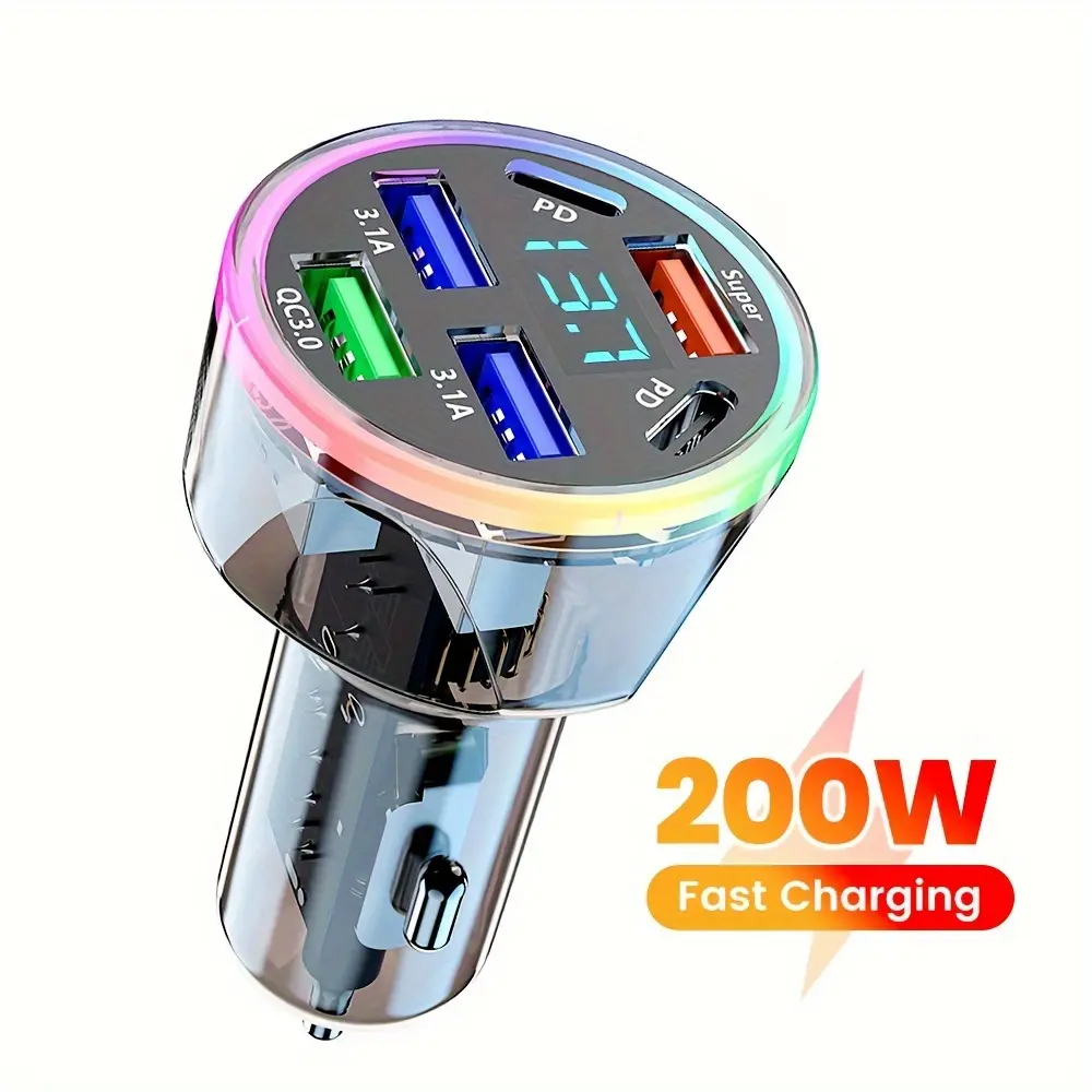 6 Ports Fast Car Charger with Voltage Monitor, 200W USB Type-C Car Charger (PD+QC3.0) Compatible with iphone & Most Android Models, Car Must Haves USB C Car Charger (1PCS)