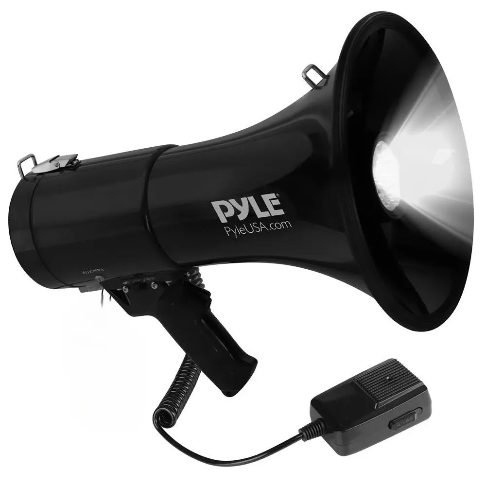 50W Megaphone Speaker with Handheld Microphone - Black | Portable Battery Operated Megaphone with LED Lights, Talk + Siren Alarm Modes & Adjustable Volume - PA Outdoor Loudspeaker for Events, Sports, Crowd Control, Schools & Public Announcement