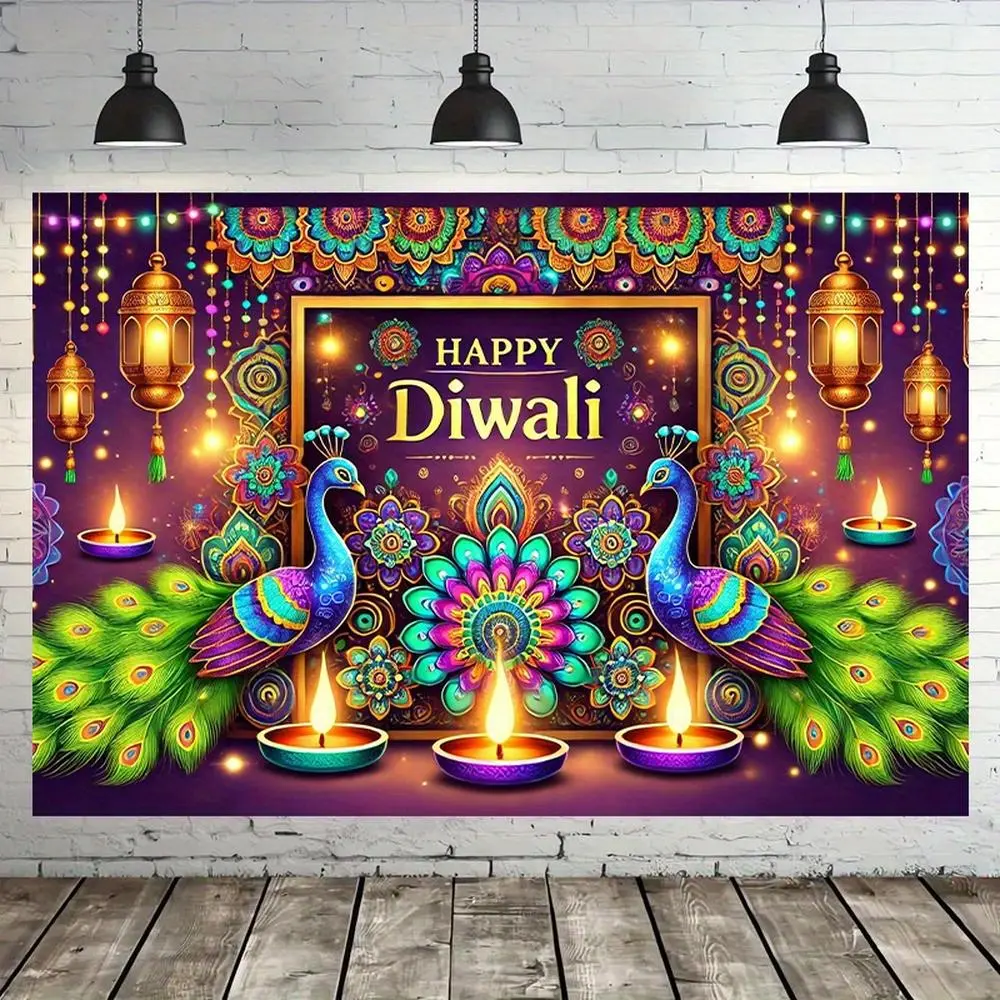 1pc Soft Durable Decorative 2D Flat Vibrant Happy Diwali Polyester Background Cloth - Glam Peacock & Diya Print, Machine Washable, No Power Needed, Home Decor Banner Ornament (White), One-Piece