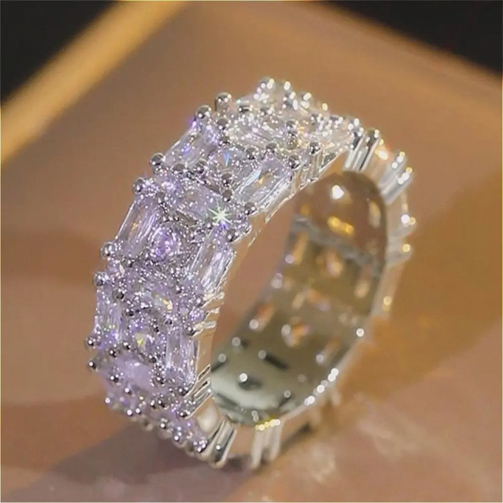 Baguette & Round Stone Full Eternity Ring Everyone Obsessed With, Channel Set Stackable Promise Ring, Statement Wedding Band for Women, Anniversary & Valentine’s Day Gift, Daily Casual Jewelry