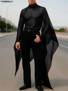 INCERUN Men's Deconstructed Patchwork Design Plain Long Sleeve Polyester T-Shirt, Perfect for Party, Casual Fashion Streetwear, Comfortable Fit, Stylish Look