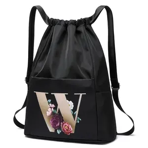 Trendy Letter Floral Print Backpack, Drawstring Bundle Mouth Sports Pocket, Perfect Knapsack For Leisure Travel And Daily Use