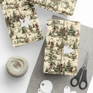 Vintage Toile Christmas Village Wrapping Paper: Cream, Red & Green Winter Scene