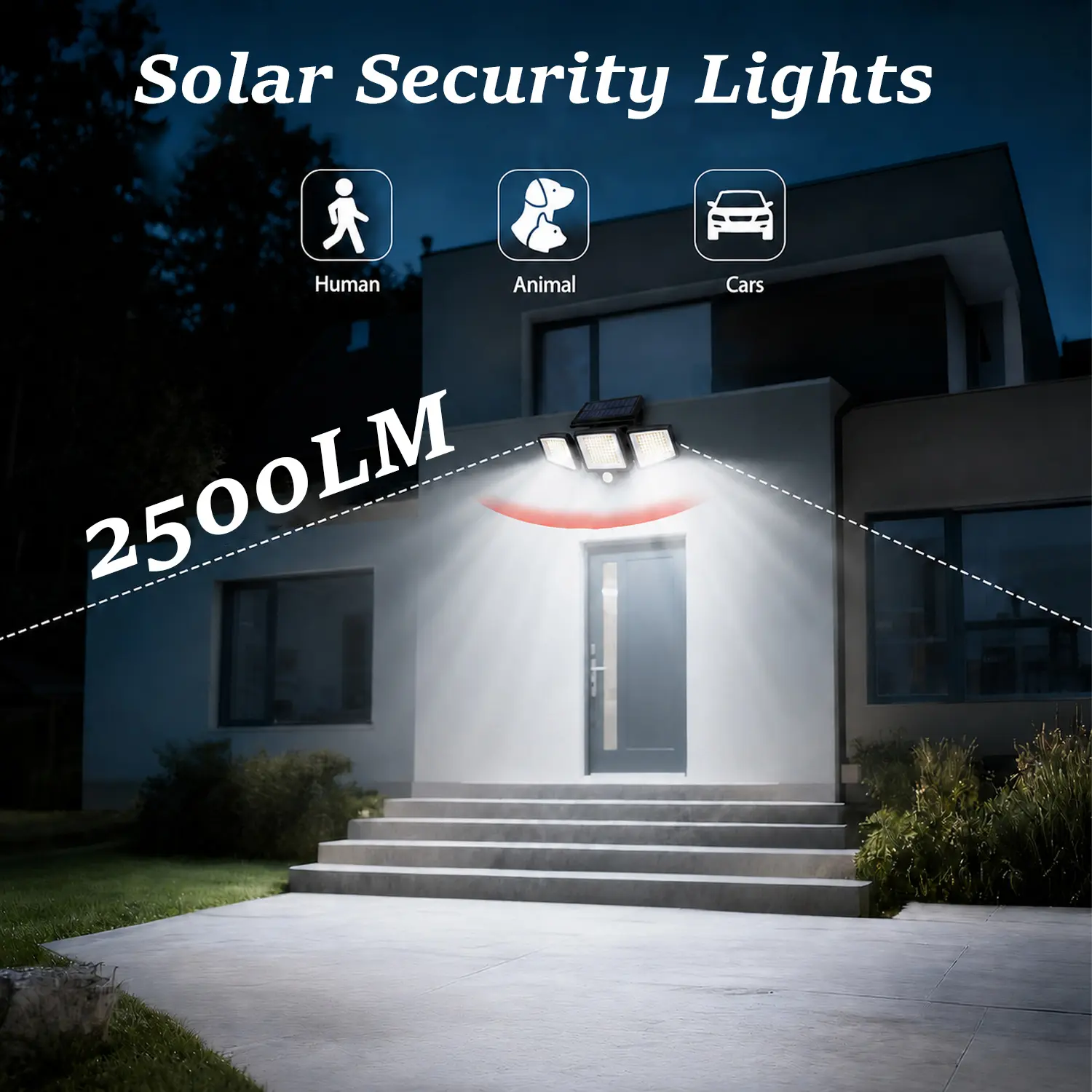 3-Head Solar Motion Sensor Flood Lights, Wall MountOutdoor Security Lamps with 222LEDs, 2500 Im, IP65Waterproof, 270° Wide Beam, 3 Lighting Modes & RemoteController