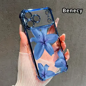 Four Corner Anti-Fall Blue Lily Pattern Phone Case for iPhone 17 16 Pro Max 15 Plus 14 13 12 11 E Air Shockproof Transparent Electroplated Protective Cover
